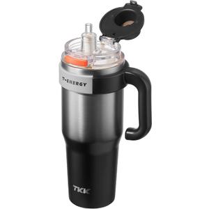 TKK 40 oz Tumblers with Handle and Straw, Ceramic Coating Insulated Bottle 100% Leakproof Travel Mug for Water, Iced Tea or Coffee, Smoothie, Cup Holder Friendly Base,SteelBlack