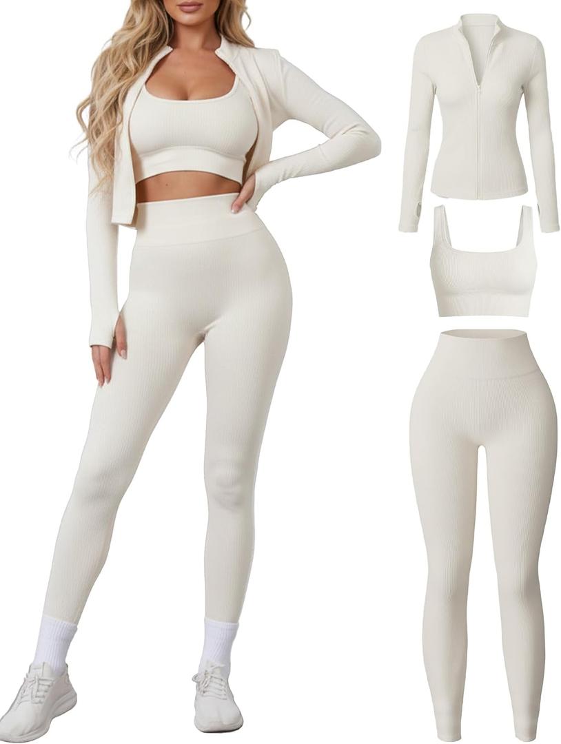 Women 3 Piece Seamless Workout Set Sports Bra High Waisted Gym Yoga Leggings Zip Up Jacket with Thumbhole Activewear (Beige, L)