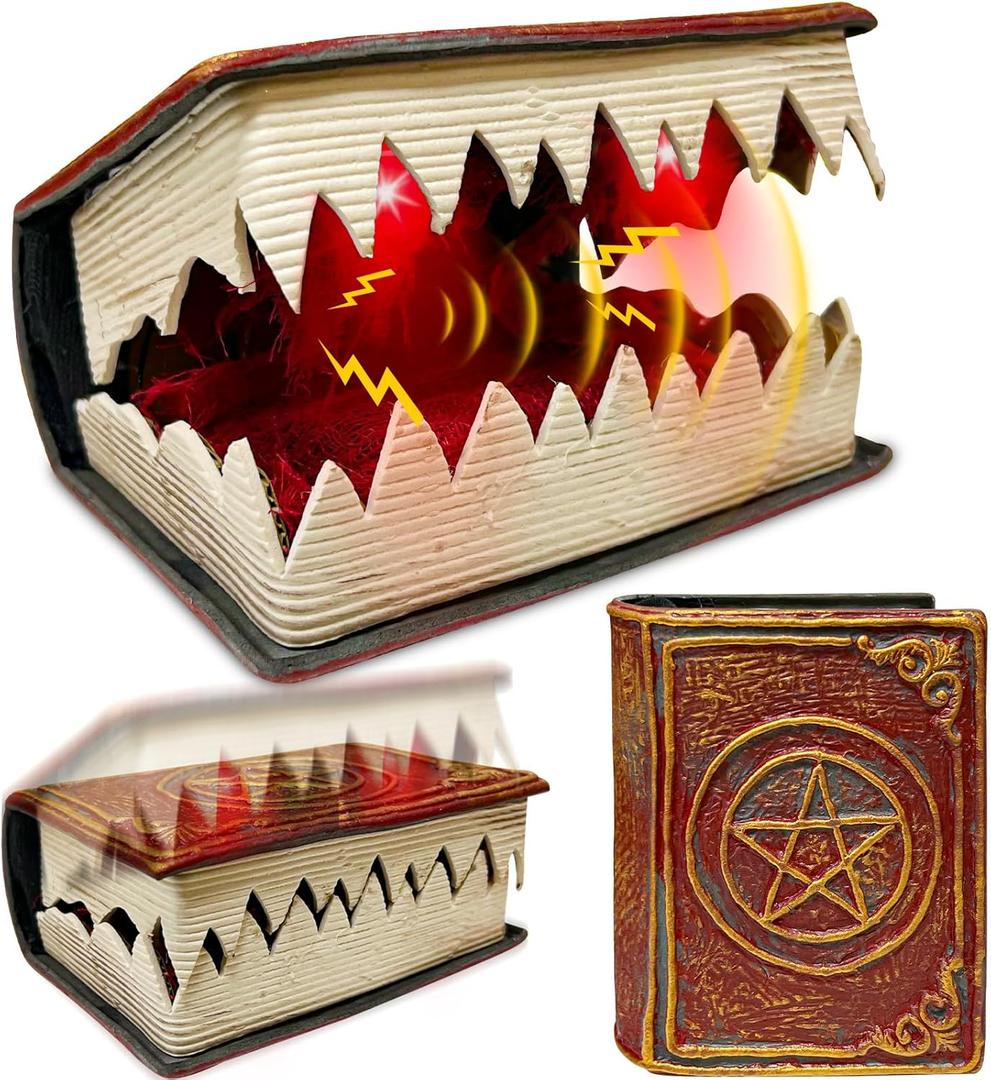 [ Sound & Motion Activated ] Opening & Closing Spell Book Halloween Animatronic Decorations Indoor, Battery Operated Hocus Pocus Book Props with 2 LED Lights for Halloween Party Favors Haunted House