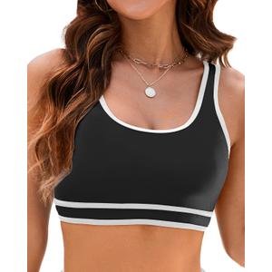 Bikini Tops for Women Color Block Sporty Swimsuit Tankini Bathing Suit Crop Tops Adjustable Straps Padded Top Only (Medium)