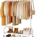 EAGMAK Sturdy Clothing Racks with Shelf, Metal Clothes Rack with Leveling Feet for Hanging Clothes, Freestanding Garment Coat Rack for Bedroom, Apartment & Small Spaces, White