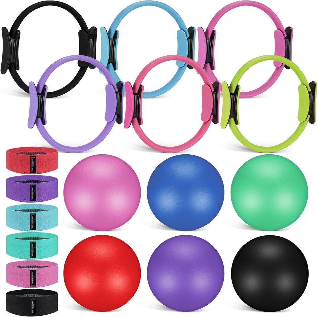18 Pcs Pilates Ring and Ball Set with Resistance Bands Home Workout Pilates Equipment 11.8 Inch Magic Circle with Padded Handles, Mini Ball for Strength, Toning and Flexibility (Multicolor)