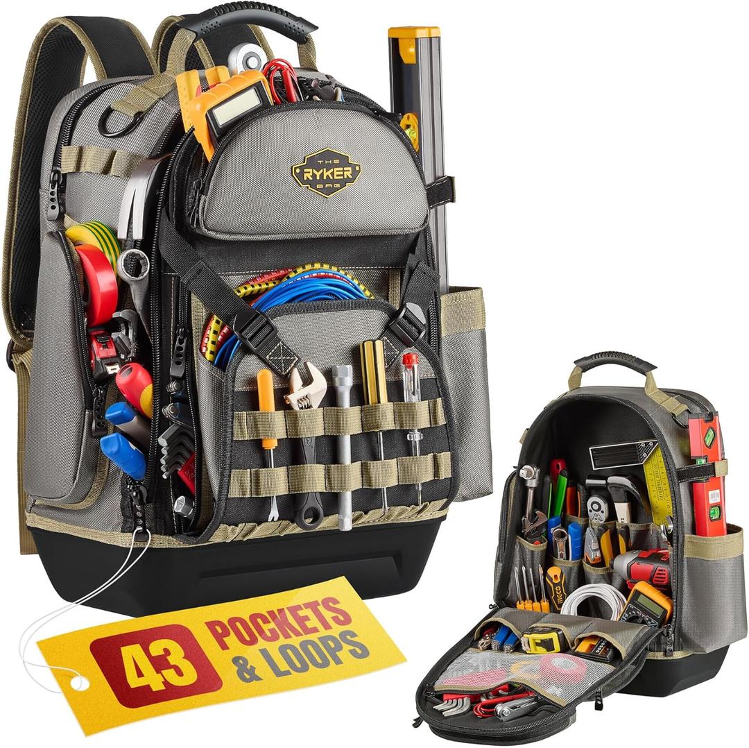 The Ryker Bag 48-Pocket Tool Backpack  Heavy-Duty, Water-Resistant Tool Organizer w/Padded Straps, Reinforced Base Bagpack Gifts for Him for Electricians, Contractors, Plumbers & Installers