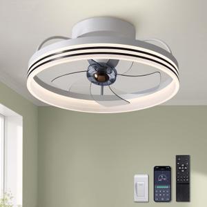 LUDOMIDE Ceiling Fans with Lights, 360 Rotating Ceiling Fan with Lights and Remote, 6 Wind Speeds Smart Flush Mount Ceiling Fan for Bedroom, Dining Room and Kitchen 20"