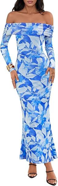 Women's Fall Off Shoulder Floral Maxi Dresses, Formal Long Sleeve Bodycon Cocktail Wedding Guest Dress, M