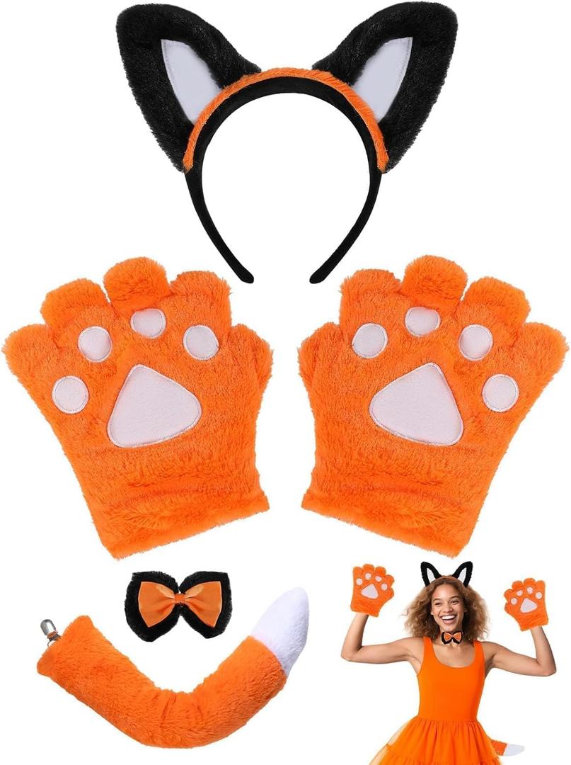Cat Halloween Costume Accessory 5 Pcs Set with Ears Headband Paws Gloves Bow Tie Tail for Adults Animal Costume Bear,Mouse