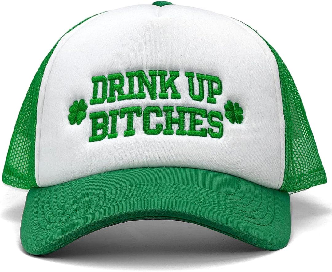 St Patricks Day hat Green Baseball Cap Shamrock Embroidered for man Women Funny (One Size, Drink_white/Green)