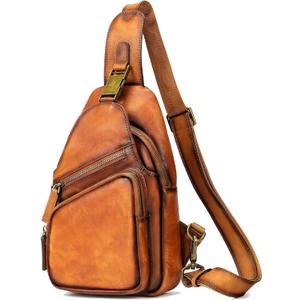 NIUCUNZH Genuine Leather Sling Bag Front Metal-Latch Crossbody Bags Handmade Vintage Chest Shoulder Backpack for Women Men
