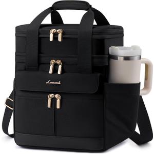 LOVEVOOK Insulated Lunch Bag Women Men,Expandable Double Deck Lunch Box for Women With Large Cup Holder,Leakproof Cooler Bag For Adult Lunch Tote Bag Work Picnic Beach with Adjustable Shoulder Strap (Black)