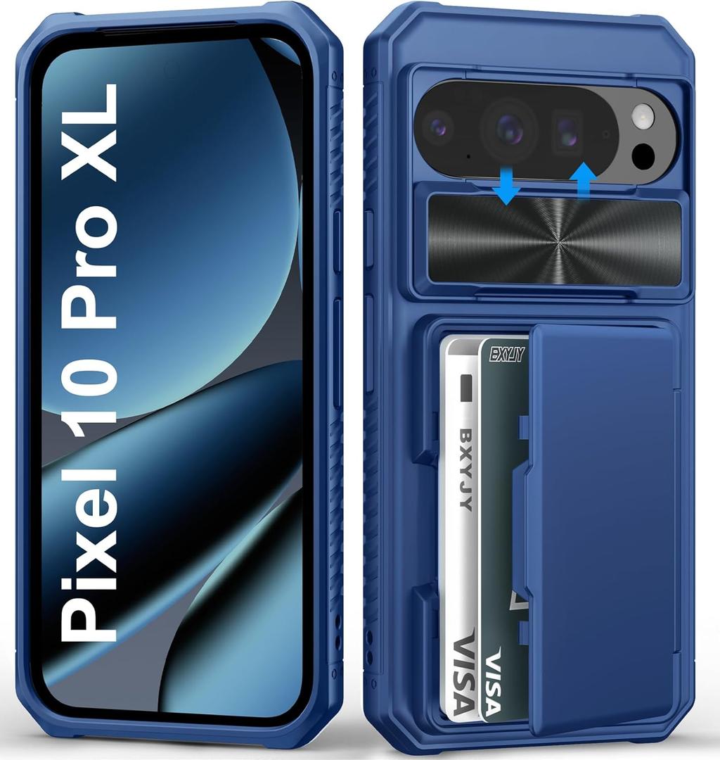 BXYJY for Google Pixel 10 Pro XL Case with Card Holder (4-5 Cards), Slide Camera Cover, Military Grade Protection, Shockproof Heavy Duty Rugged Women Men Wallet Phone Case for Pixel 10 Pro XL, Blue