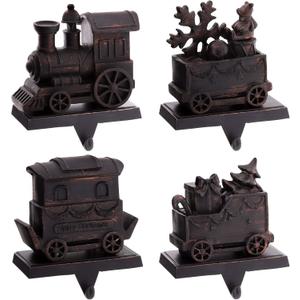 MCEAST Set of 4 Christmas Train Stocking Holders Metal Stocking Hangers Mantel Hook Hangers Fireplace Stocking Hooks for Christmas Decoration