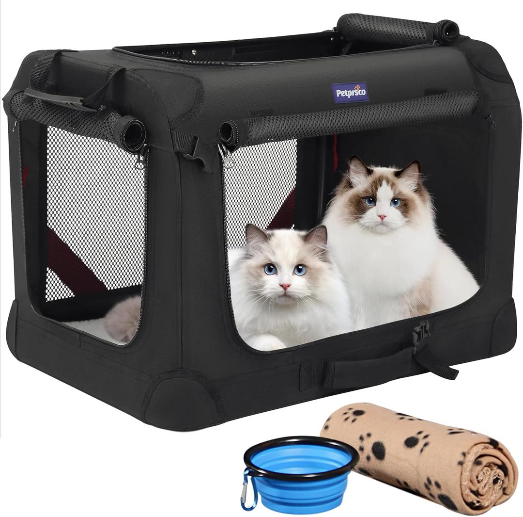 Petprsco Large Cat Carrier for 2 Cats Small Medium Dogs, Soft Pet Carrier 24x17x17 for Traveling with Warm Blanket Foldable Bowl and Washable Pad (24.0"L x 17.0"W x 17.0"H, Black)