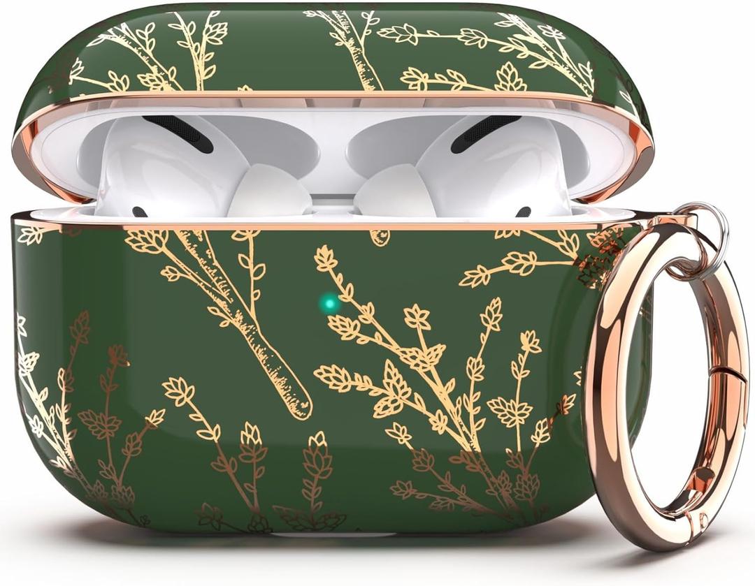 TATOFY Case Cover for AirPods Pro 2019,Stylish AirPods Pro Case for Women Girls, Flower Patterns Protective Hard Case with Clip (Golden Green)
