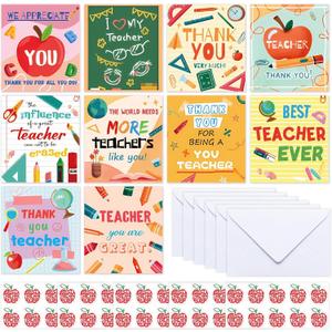 VDESFUEBY Pack of 50 Teacher Appreciation Cards in Bulk with Envelopes and Stickers 10 Colorful Designs Thank You Teacher Cards for Appreciation Gifts, Students, & End-of-Year Thank You Notes