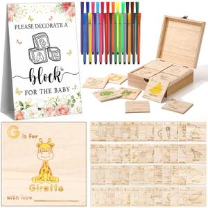 Marsui 78 Pcs Baby Shower Fun Decorate a Block Game 52 DIY ABC Letter Blocks 24 Watercolor Pen 1 Sign 1 Wooden Box with Hinged Lid for Baby Shower Gender Reveal Party Supplies(Flower)