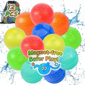 12 PCS Reusable Water Balloons - No-Magnets, Refillable Water Balloons with Mesh Bag, Quick Fill Water Silicone Water Bomb for Outdoor, Summer Toys Swimming Pool Water Toys for Kids (6 Color)