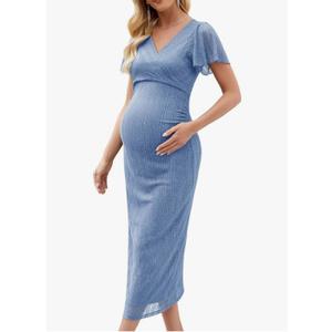 Aiswi Maternity Cocktail Dress Sparkly Mesh Wrap Bodycon Baby Shower Wedding Guest Pregnancy Fall V Neck Formal Blue XL