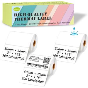 [300 Labels/Roll x 3] 50mm x 30mm Thermal Labels, 1.97''x1.18'' Label Maker Tape Refill, Weatherproof & Tear-Resistant Thermal Stickers Compatible for Phomemo M110, Supvan T50M Pro (White)