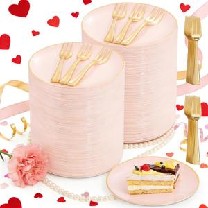 Festiva 400Pcs Pink Gold Dessert Plates 6.3" with Forks 5"- 200PCS Small Disposable Dessert/Cake/Appetizer Plates and 200PCS Forks - Serve 200 Guests for Birthday & Spring Party& Wedding &Mother's Day