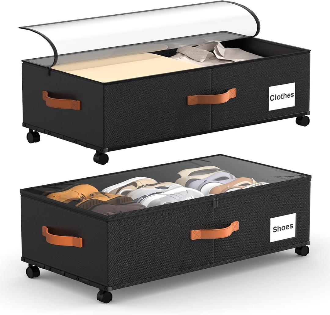 Eastherry Under Bed Storage Containers with Wheels, 9.5 inches Higher Underbed Shoes Blankets Clothes Toy Storage Drawers for College Dorms Bedrooms Nursery Rooms Organization, 2 Pack to be Assembled (Black)