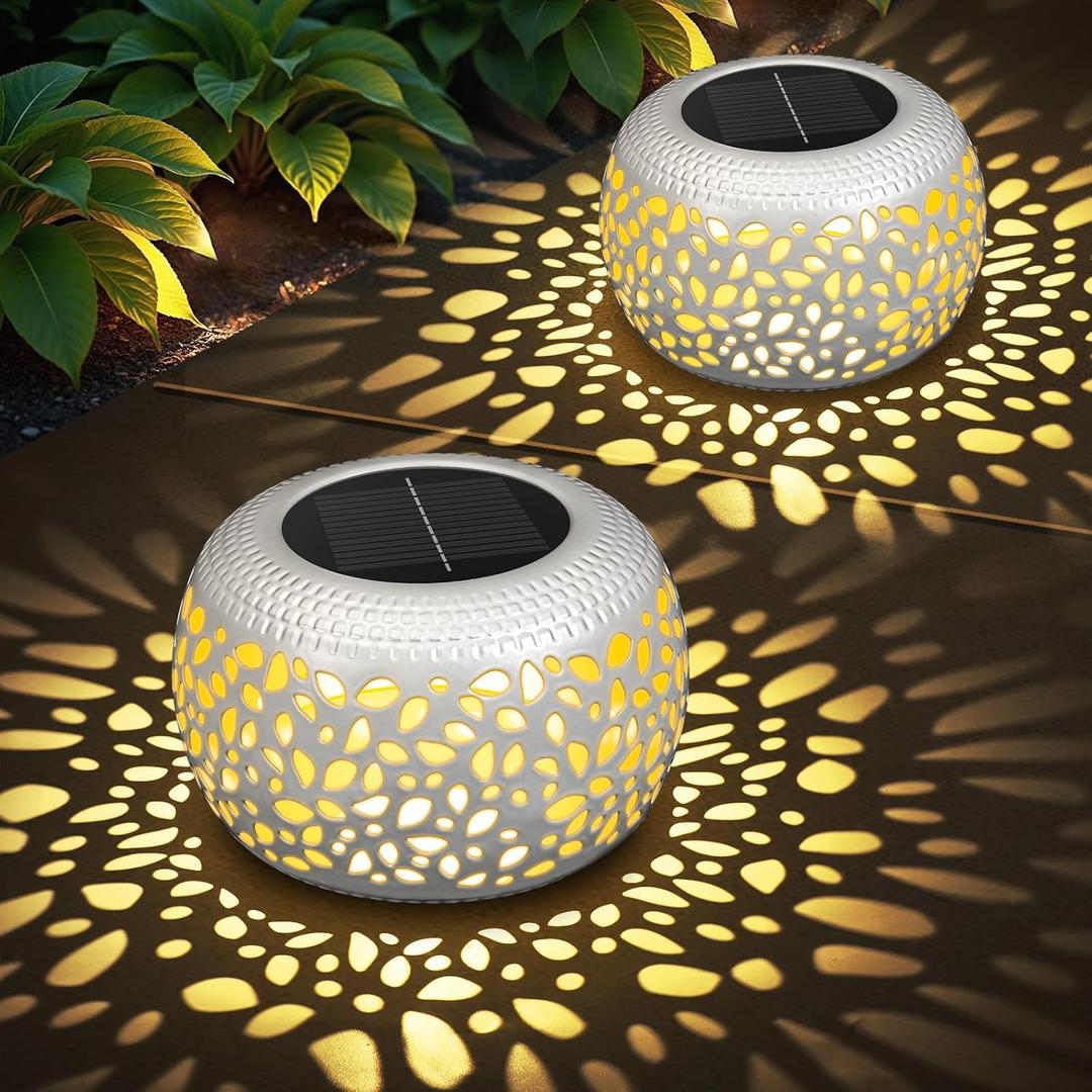Solar Lanterns Outdoor Waterproof: 2 Pack White Hollow Out Metal Solar Lights - 2 Lighting Colors Outside Garden Yard Porch Indoor Tabletop Retro Decorations - Unique Gifts for Women Mom Wife