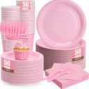 Light Pink Plates and Napkins Include 9Disposable Burgundy Paper Plate, 7Dessert Plates and Cups and Napkins Forks Set for Baby Showers, Birthday, Wedding, Serves 50