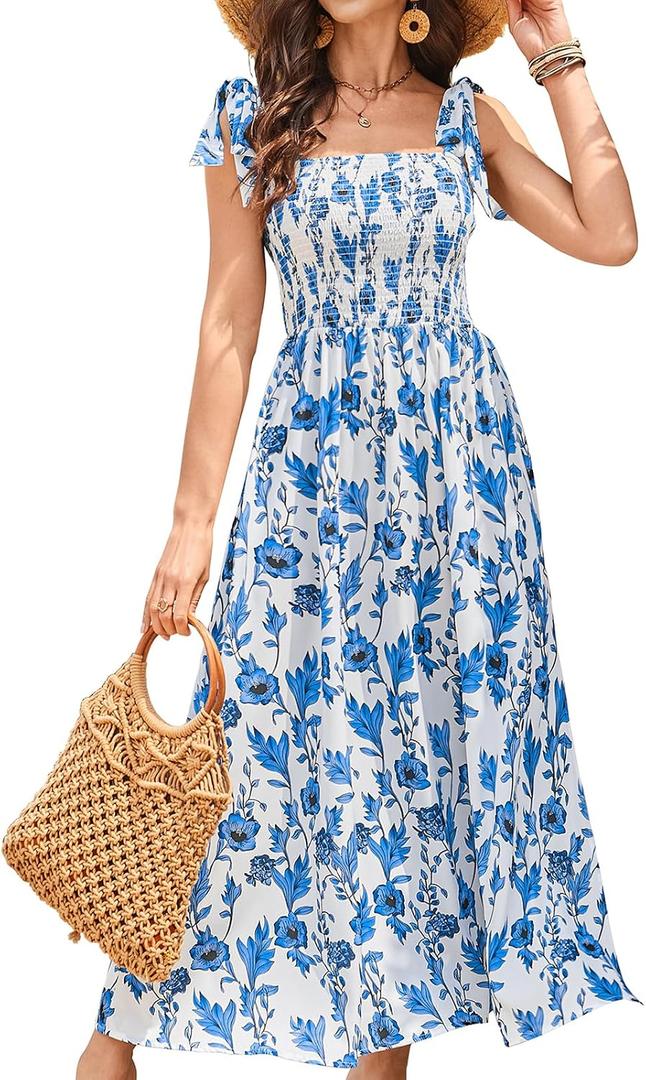 BROVAVE Women Summer Floral Dress: Casual Square Neck Flowy Boho Beach Midi Sundress Sleeveless Tie Shoulder Vacation Daily (Blue, L)