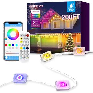 POOFZY Permanent Outdoor Lights for House, 200ft RGB+IC Smart Outdoor Decor, 50 Scene Modes, App/Remote Control, for Christmas, Super Bowl, V-Day, Thanksgiving, Daily & Holiday Party Decor