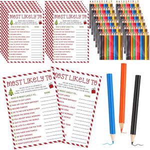 60 Pcs Christmas Office Party Games for Adults 30 Christmas Cards with 30 Colored Pencils Team Building Games for Holiday Family Group Office Coworkers(Most Likely to)