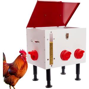 60LB Large Automatic Chicken Feeder with Viewing Window, 7 Port No Waste Design,Rust-Proof Metal Chicken Feeder with Adjustable Height Legs and Safety Latch, Suitable for Outdoor Coops