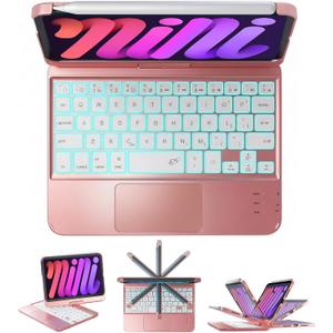 BABG Keyboard Case for iPad Mini 7 (A17 Pro, 2024) & Mini 6 (8.3 Inch) - 360 Rotatable & 180 Flip Stand with Multi-Touch Trackpad, 7-Color Backlit Wireless Keyboard Cover, Rechargeable Battery, Pink