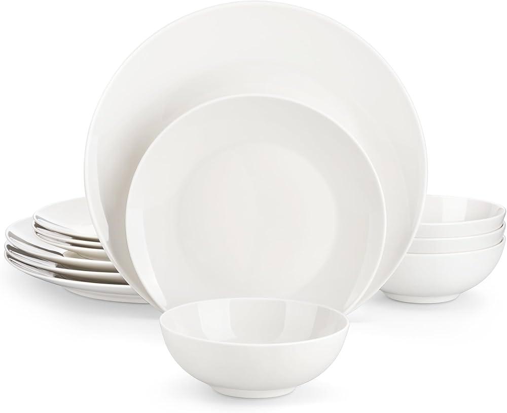 MALACASA Bone China Dinnerware Set for 4, 12 Pieces Cream-White Plates and Bowls Sets, Scratch Resistant Dinner Plates, Dessert Plates Small Cereal Bowls, Dishwasher & Microwave Safe, Series JERA