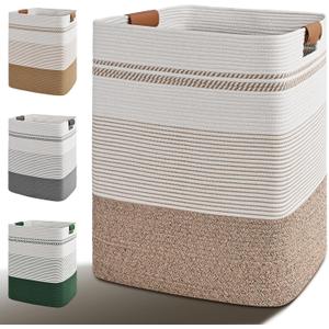 Laundry Hamper, 85L Tall Laundry Basket with Leather Handles, Rectangle Large Clothes Hamper for Organizing, Cotton Woven Laundry Baskets Storage Hampers for Bedroom, Nursery, Living Room