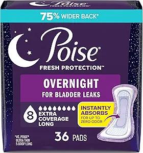 Poise Overnight Incontinence & Postpartum Pads for Bladder Leaks, 8 Drop Extra Coverage, 36 Count
