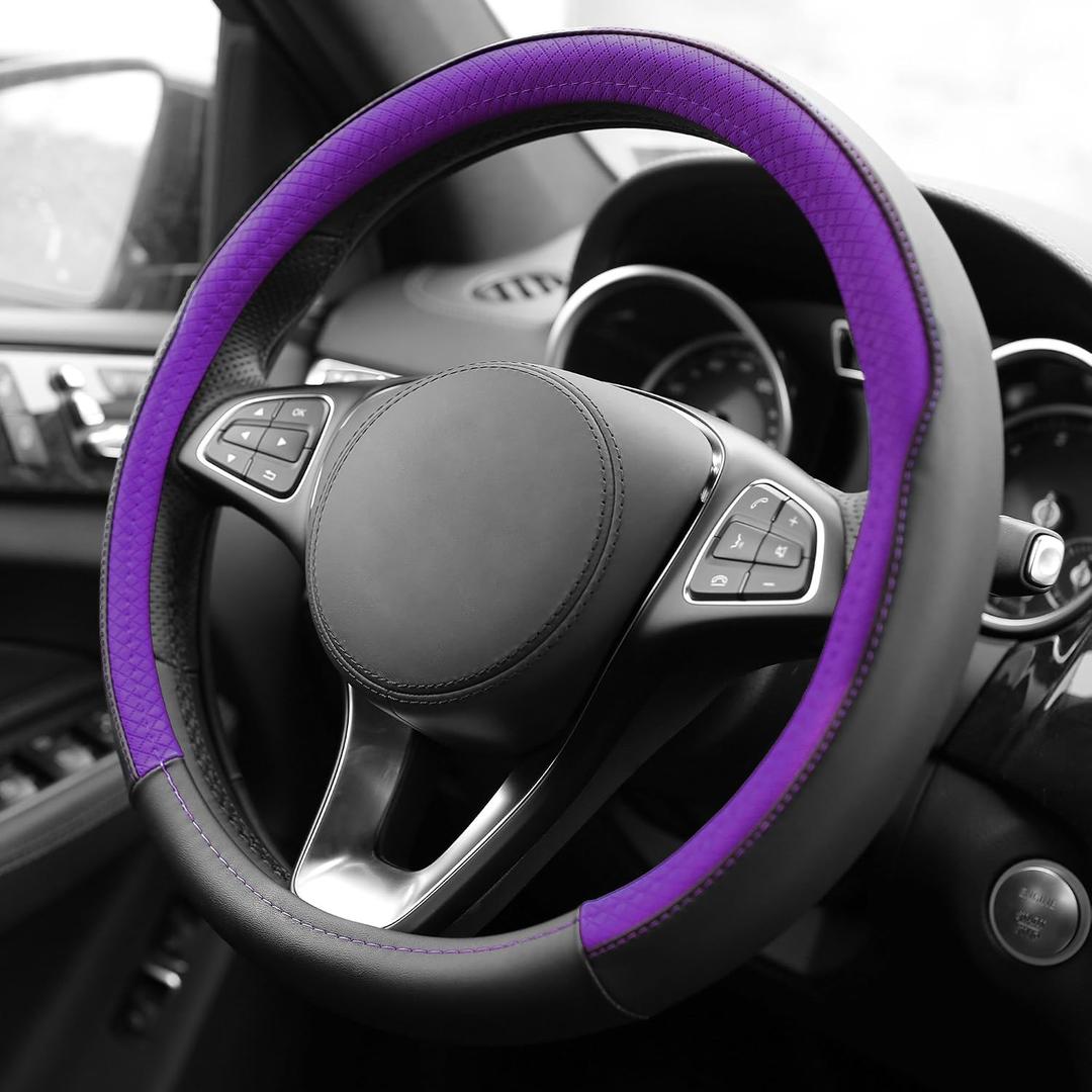 FH Group Geometric Chic Microfiber Leather Steering Wheel Cover Universal Fit for Cars & SUVs Purple