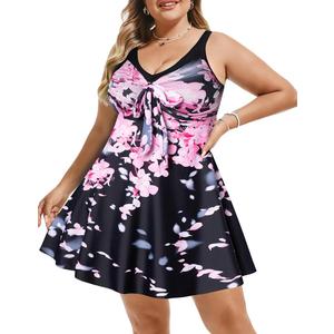 Women's Two Piece Swim Dress Plus Size Tummy Control Floral Printed Swimwear Swimsuits with Boyshort 3XL