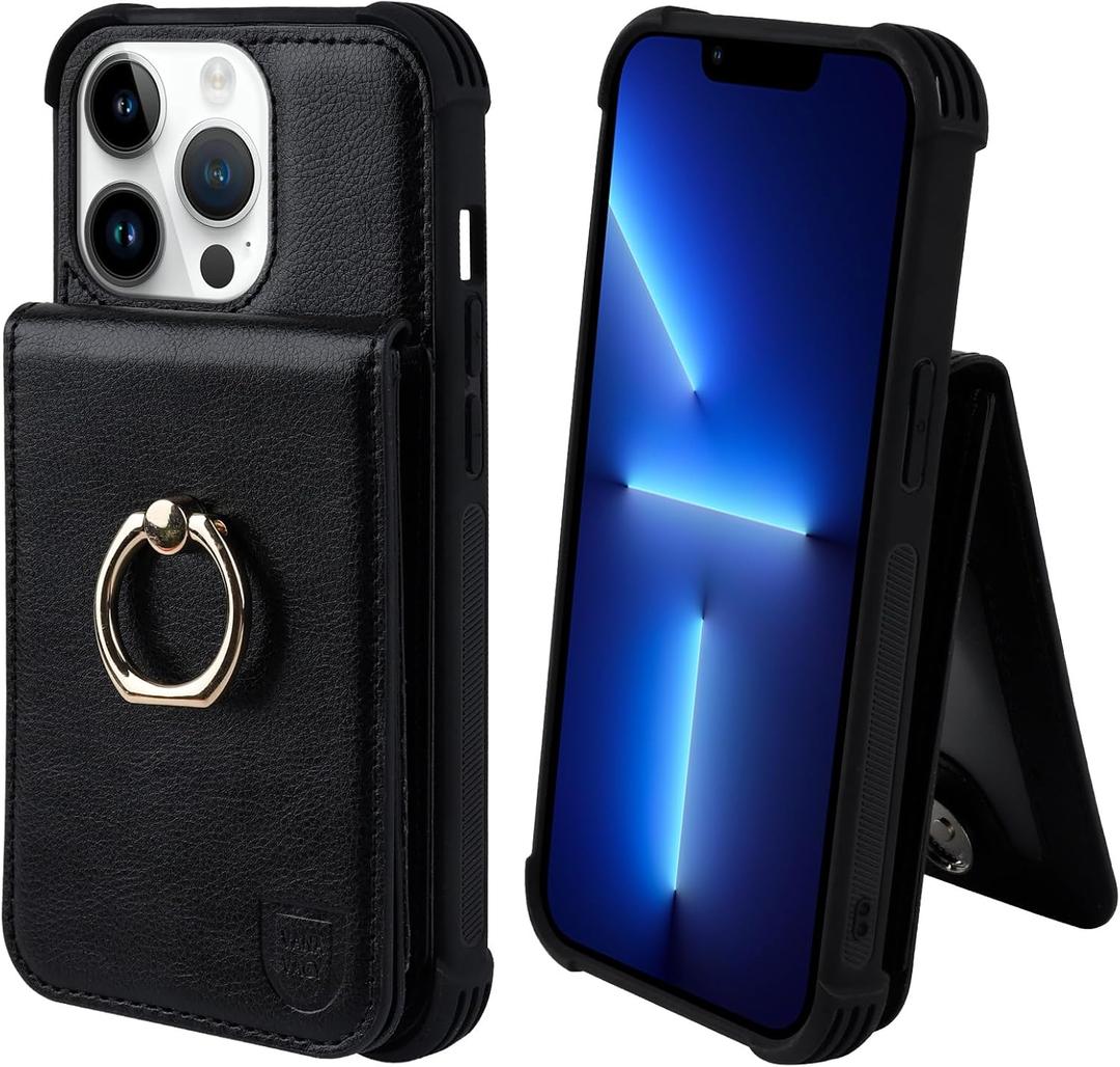 VANAVAGY for iPhone 13 Pro Wallet Case with Credit Card Holder and Coin Pocket[360 Rotation Ring Kickstand ],Leather Magnetic Clasp Flip Folio Phone Cover for Women and Men 6.1 Inch,Black