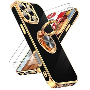LeYi for iPhone 16 Pro Max Case: with 2 Pack Tempered Glass Screen Protector and 360° Rotatable Ring Holder Magnetic Kickstand, Plating Rose Gold Edge Protective for iPhone 16 Pro Max Case, Black