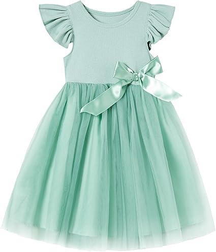 Toddler Girls Ruffle Sleeve Tulle Dress Elastic Waist Bow Kid Casual Sundress, 150