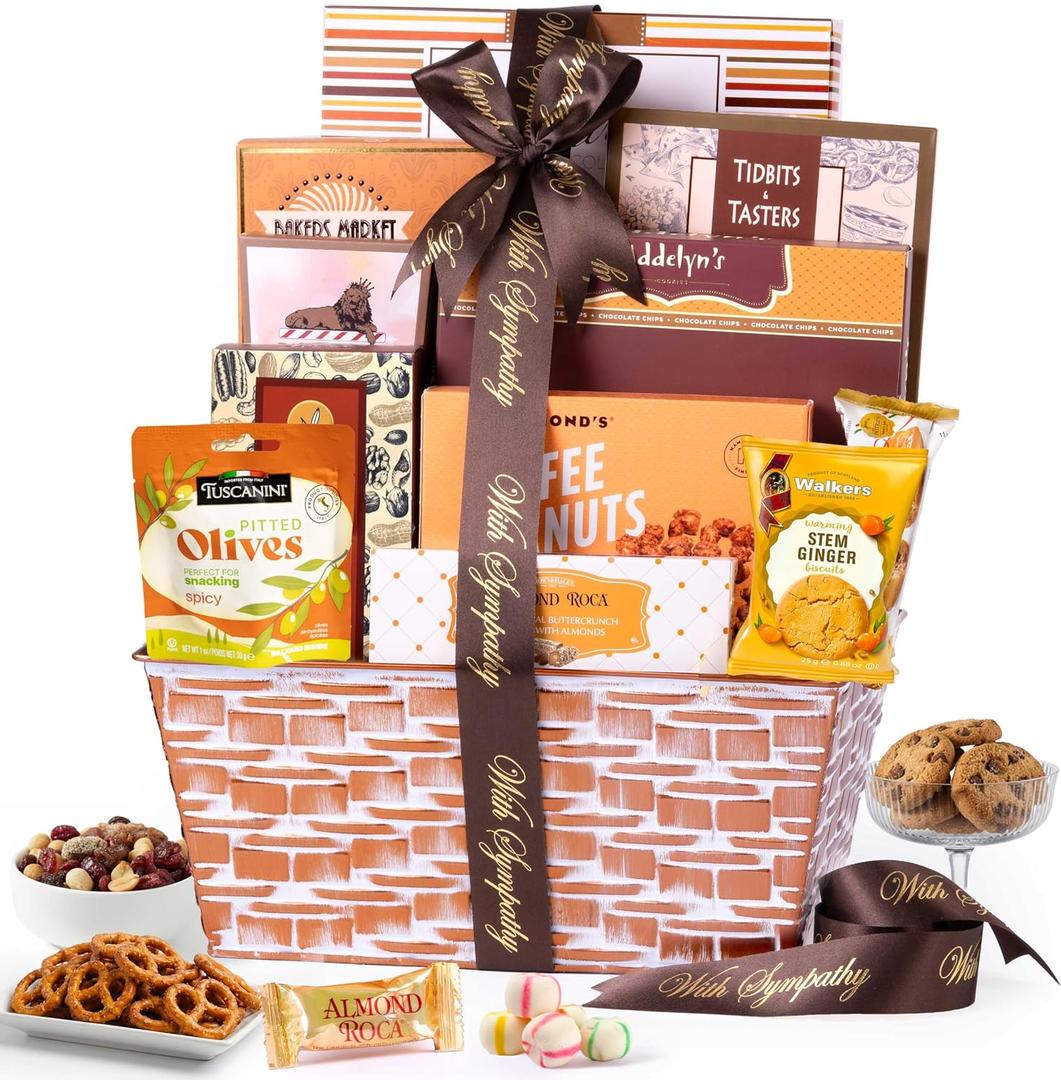 Broadway Basketeers Condolences Gourmet Gift Basket, Kosher Sympathy Food Gift Baskets for Delivery, Perfect Care Package Box or Assorted Snack Gifts for Bereavement, Loss, Funeral, or Shiva