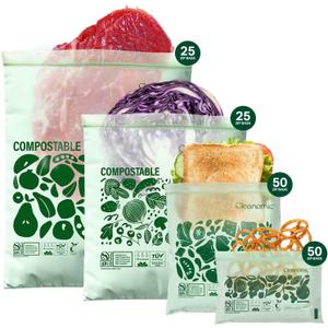 Cleanomic Compostable Zip Sandwich Bags - Leak Resistant, Gallon, Quart, Sandwich, Snack - 125 Count