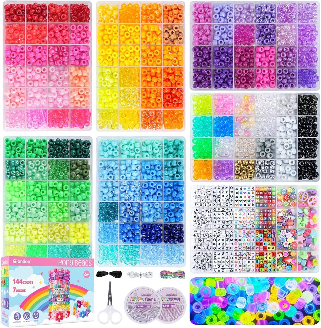Gionlion 7 Boxes Pony Beads Bracelet Making Kit, 144 Colors 6x9mm Kandi Rave Beads, Friendship Bracelet Kit with 800Pcs Letter Bead for DIY Jewelry, Keychains, Arts and Crafts Gifts