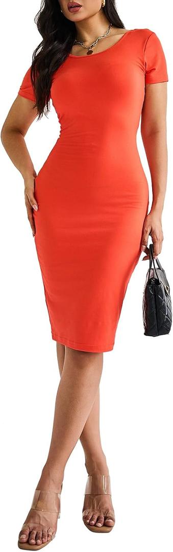 Women's Summer Dresses Short Sleeve - Sexy Basic Pencil Midi Dress Going Out Fashion Outfits Wedding Guest Cocktail, Extra Large, Sundress Red
