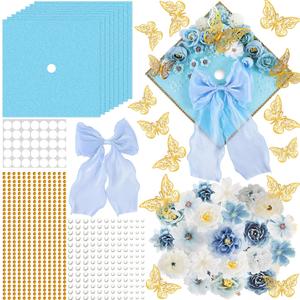 2 x 45 PCS DIY Graduation Cap Decoration Kit - 8 Cream Construction Paper with Artificial Flower Heads Bow 3D Butterfly Pearl Adhesive Dots Rhinestone Stickers for Grad Hat Topper DIY (Light Blue)