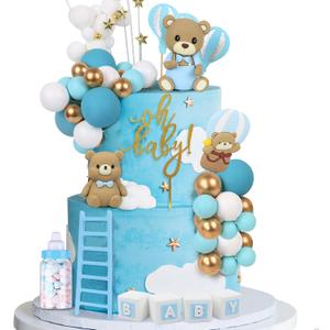 44 PCS Bear Cake Toppers - Mini 3D Bear BABY Letters Milk Bottle Blue Gold Foam Balls Cake Toppers for Boy Girl Birthday Party Baby Shower Cake Decorations