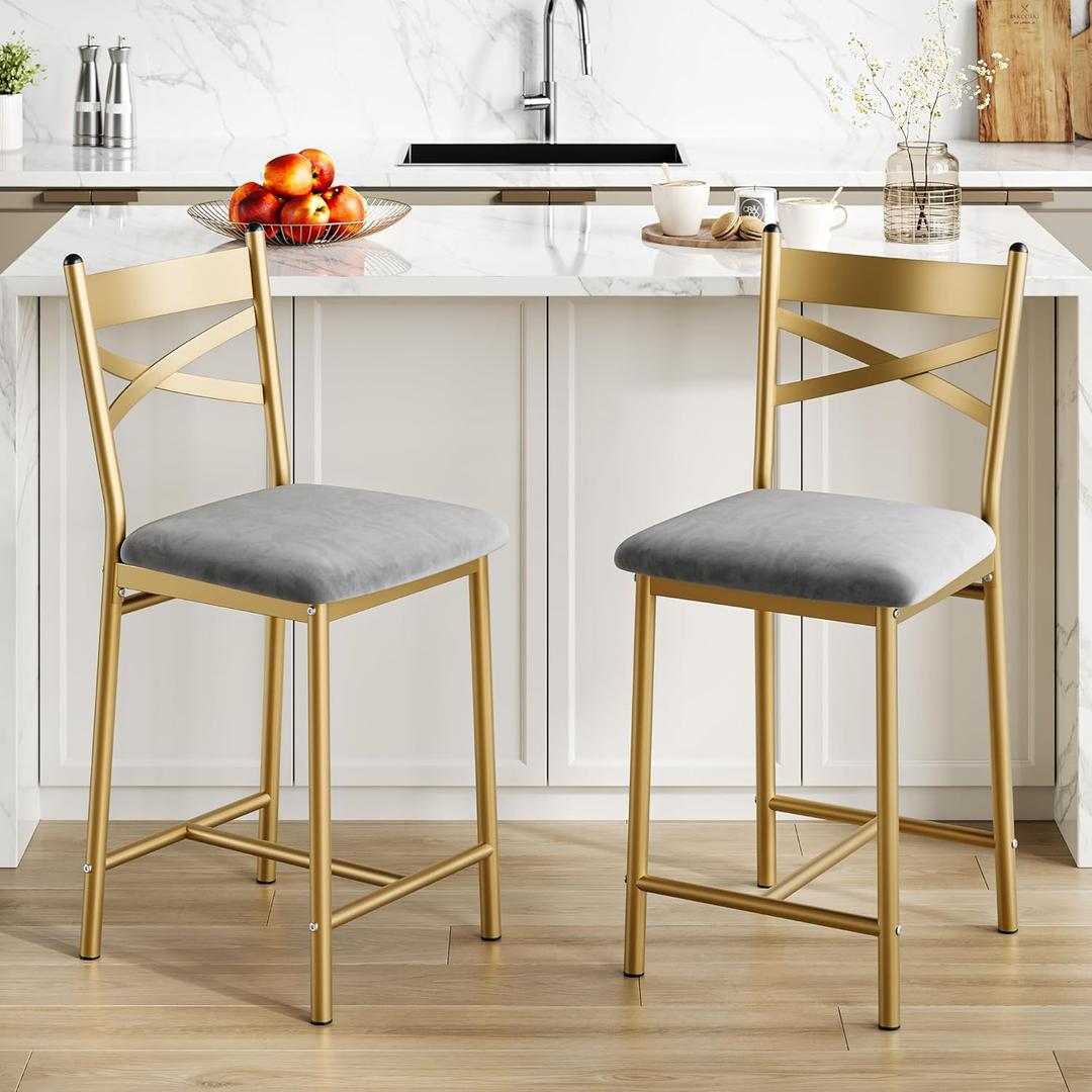 IDEALHOUSE Bar Stools Set of 2, Upholstered Bar Chairs with Back, Thick Cushion, Counter Height Barstools for Kitchen Island Apartment Counter Bar (2)