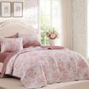 Andency Flower Queen Quilt Set, 3 Pieces Pink Soft Floral Bedspread, Queen-XL