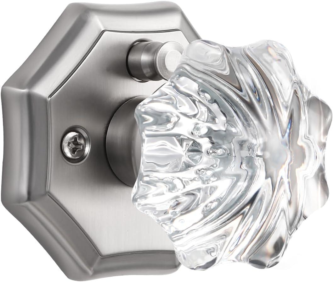 1 Pack Glass Door Knobs Nickel Door Knob Interior Satin Nickel Privacy Brushed Nickel Glass Silver Door Knob for Bedroom and Bathroom Crystal Door Knobs