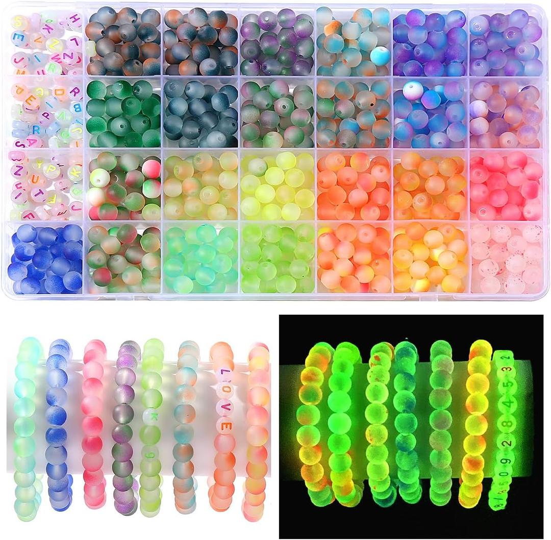 RACIOCK 700Pcs Glow-In-The-Dark Glass Beads for Bracelets Making, 8mm 26 Color Crystal Beads for Necklaces, Bracelet, Earrings DIY Crafts & Party Decoration, Gifts for woman & Night Sports Enthusiasts