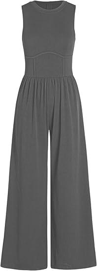CIDER Jumpsuits for Women Sleeveless Wide Leg Overalls Dressy Crewneck One Piece Jumpsuits with Pockets Summer Fall, Small